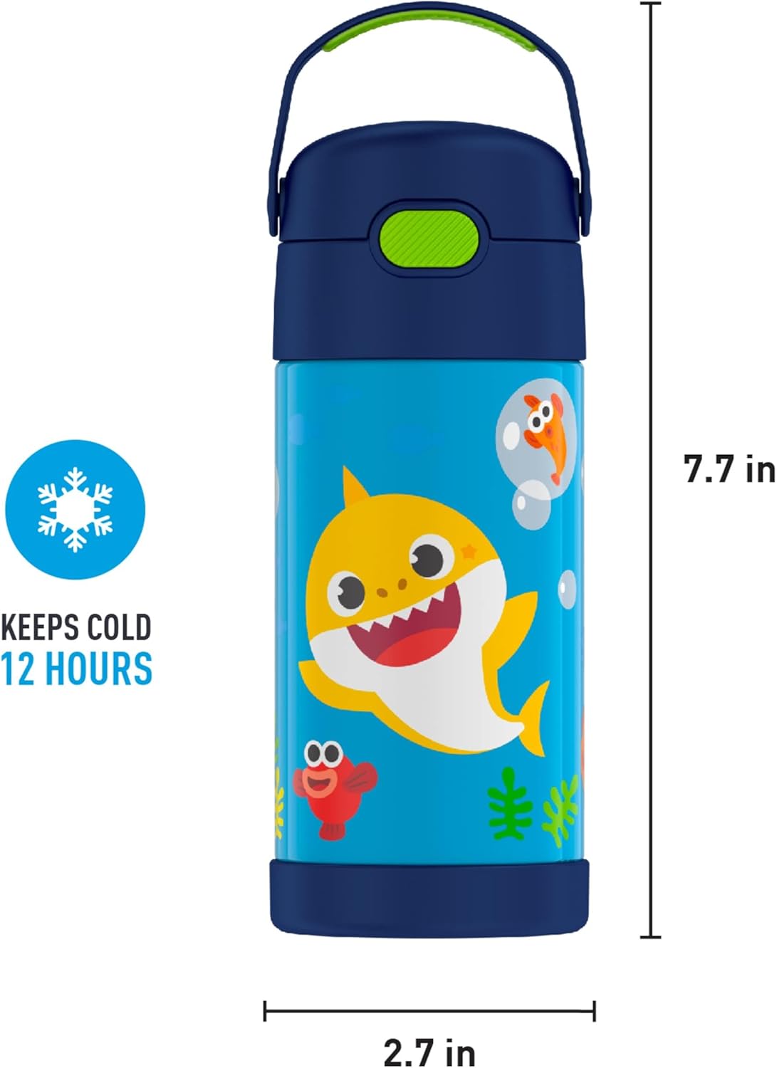 THERMOS FUNTAINER Water Bottle - 12 Ounce Kids Stainless Steel Vacuum Insulated with Straw | Baby Shark Design
