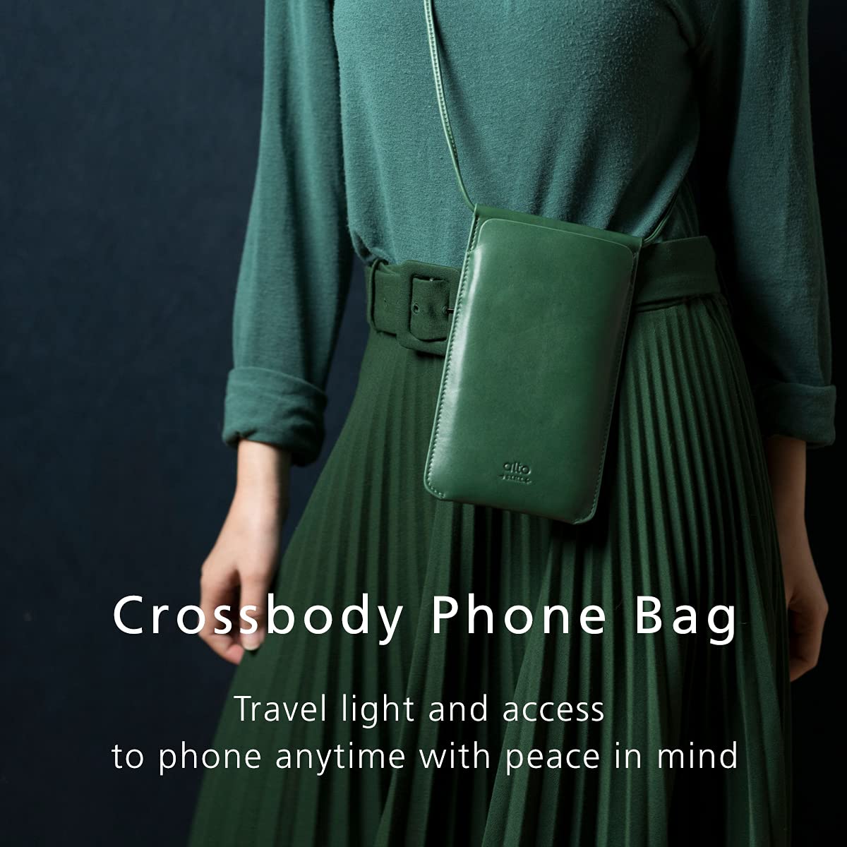alto Leather Phone Purse Case, Italian Leather Crossbody Cellphone Bag with Card Holder, Pocket, Shoulder Strap, for Men and Women, fits iPhones and Android Phones up to 6.8 inches (Forest Green)