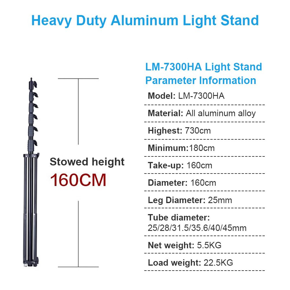 FOMITO Photography Light Stand 24ft/730cm, Air-Cushioned Heavy Duty Aluminum Photo Video Tripod Stand with 1/4" Screw for Drone Communication Base Station, and Studio Light, Max Load 22.5kg, LM-7300HA