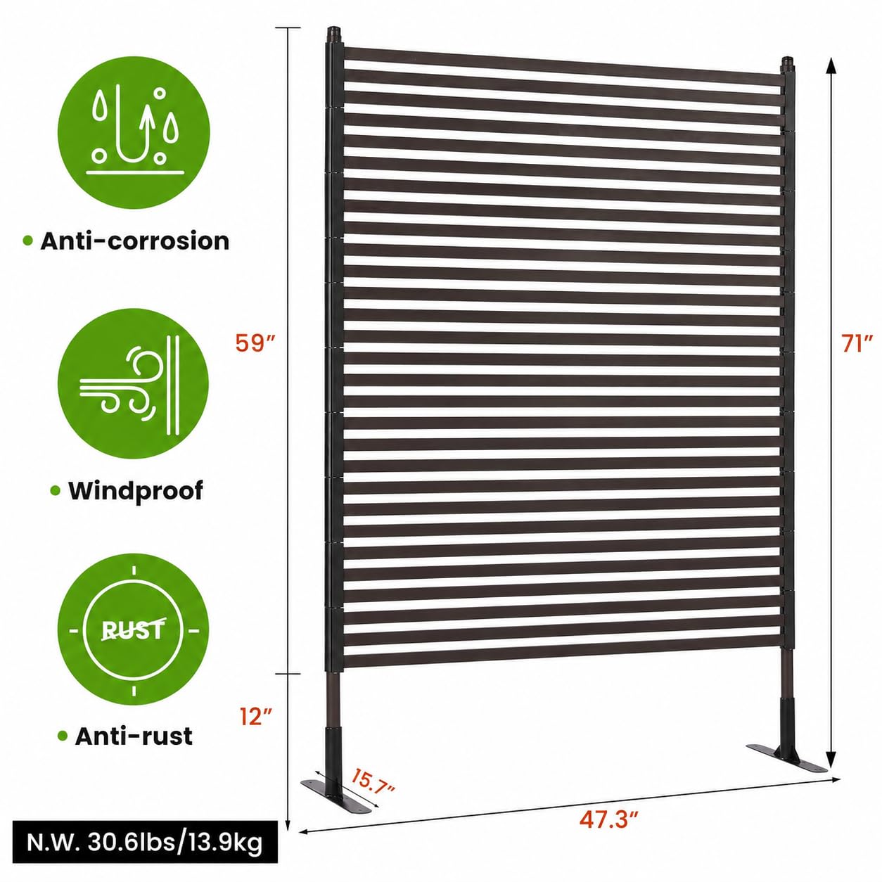OTOSUNNY Metal Outdoor Privacy Screen with Stand, 4 ft W x 6 ft H PE-Coating Steel Pipes and Slats Panels, Decoative Privacy Screen Fence Panels Freestanding for Outside Patio Garden Backyard, Brown