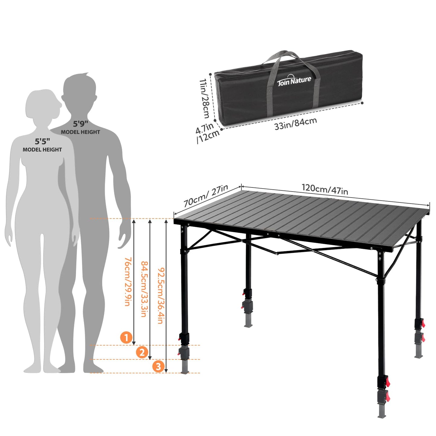 Join Nature Portable Outdoor Adjustable Height Camping Table, Large for 2-6 Person, Foldable Roll-up Aluminum Camp Table with Carry Bag for Picnic, Camp, Sturdy, Stable, Loads 220 Lbs (Black)