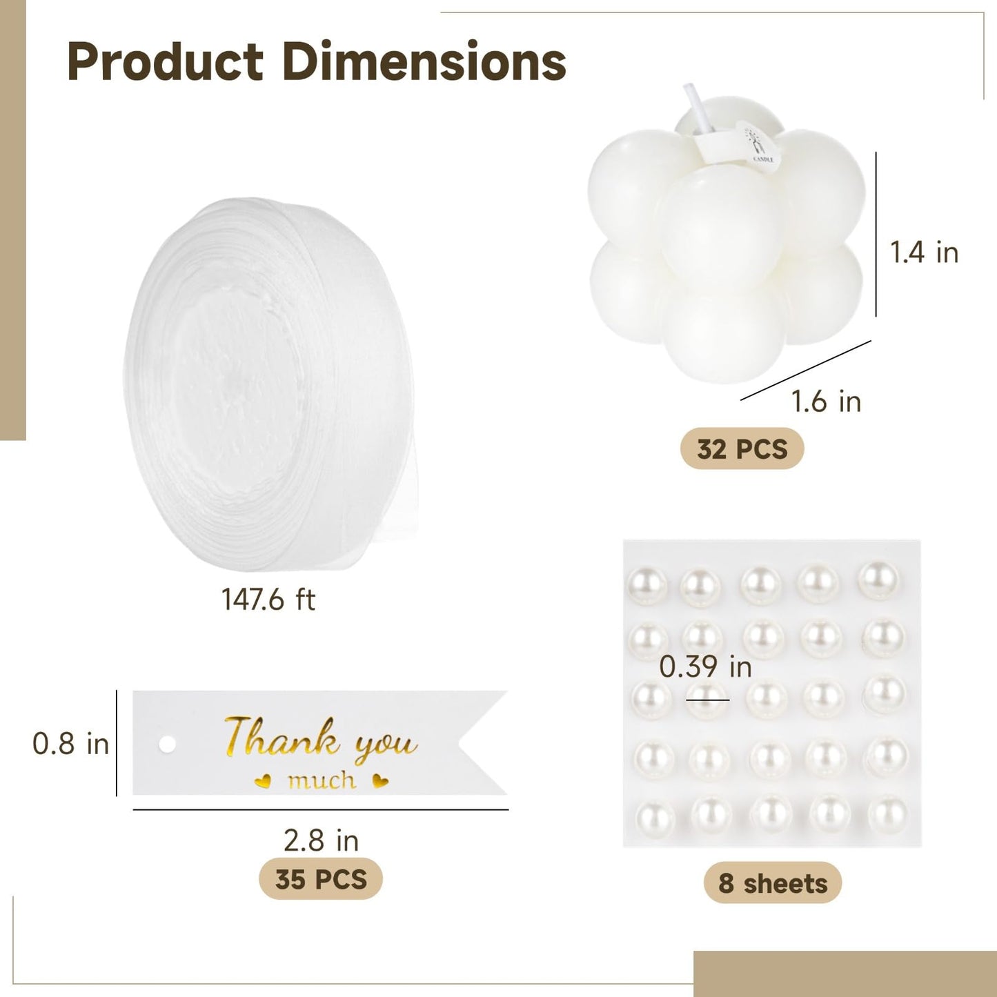 32 Pcs Mini White Bubble Candles, Gifts for Guests Bulk, Including 35 Thank You Cards, Ribbon, Stickers, Scissors, for Wedding, Bridal Shower, Baptism Favors