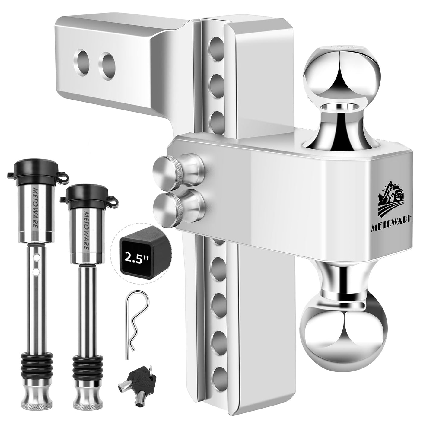 METOWARE Adjustable Trailer Hitch - Aluminum Tow Hitch Fits 2.5-Inch Receiver - Heavy Duty Drop Hitch with 8-Inch Drop/Rise for Truck (18,000 LBS GTW), Double Stainless Steel Locks & Hitch Pin