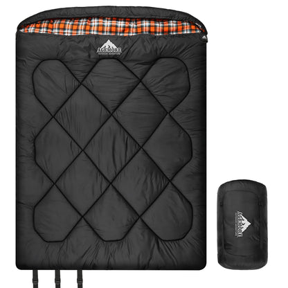 AGEMORE 0 Degree Double Sleeping Bag for Adults, Cotton Flannel Lined 2 Person Queen Size Sleeping Bag for Winter, Double Wide & Warm for Family Couples Camping Or RV Traveling