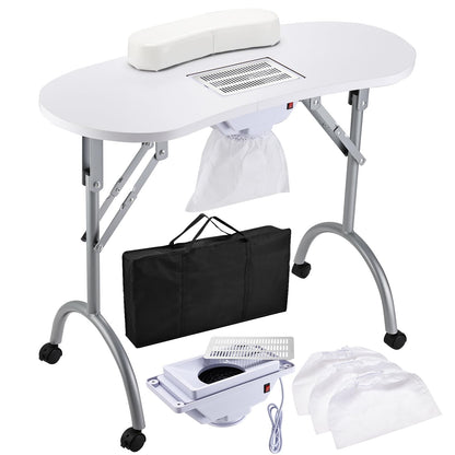 Faquenc Nail Desk with Nail Dust Collector,Portable Nail Table Rolling Manicure Table Nail Tech Travel Nail Station Professional Folding Nail Salon Table with Cacuum,Arm Rest,Lockable Wheels,Bag,White