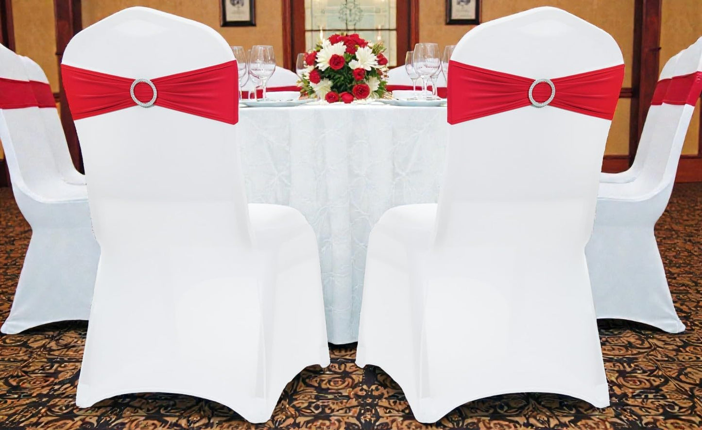 MDS Premium Stretch Spandex Chair Sashes - Pack of 100 Universal Elastic Covers for Weddings & Events | Red