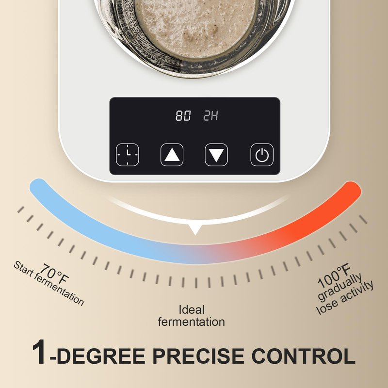 Sourdough Starter Warmer with Glass Dome, 1°F Precise Temperature Control from 70 to 100°F, 0-12H Timer Auto Warming ON/Off, Sour Dough Heating Mat and Glass Cover Set for Baking Fermentation