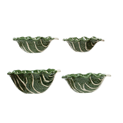 Hand-Painted Cabbage Shaped Stoneware Bowls, Set of 4