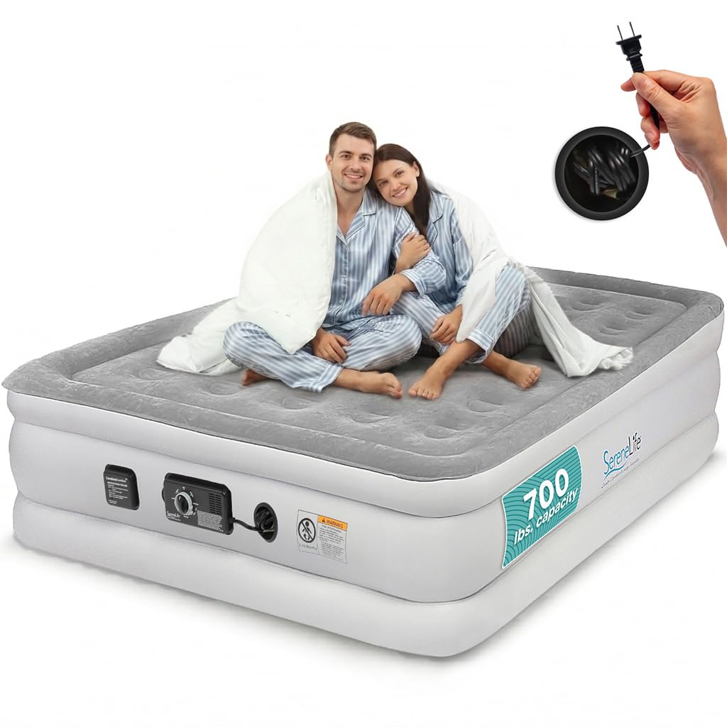 SereneLife Full Size Air Mattress with Built-in Pump | 55-Inch Wide Raised Inflatable Mattress for Guests, Camping & Travel, Constant Comfort Technology, Plush Top, Storage Bag Included