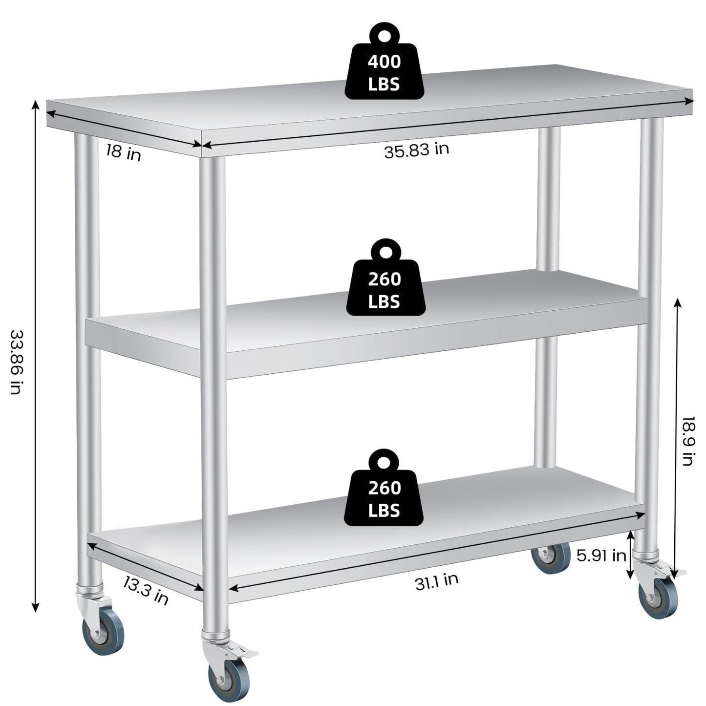 ExploreHorizon Stainless Steel Work Table with Wheels, 3-Shelf Commercial Food Prep Table 18x36x34 Inch, Rust-Resistant Metal Utility Table for Kitchen, Restaurant, Garage, Warehouse, Indoor, Outdoor