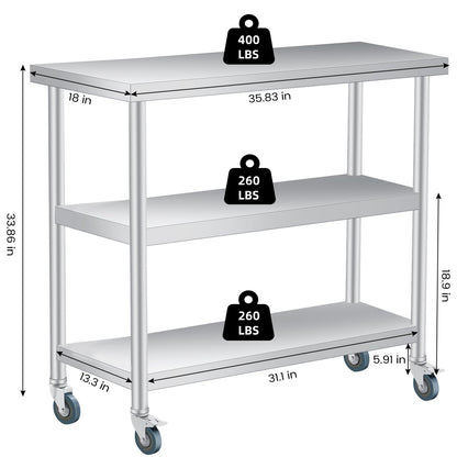 ExploreHorizon Stainless Steel Work Table with Wheels, 3-Shelf Commercial Food Prep Table 18x36x34 Inch, Rust-Resistant Metal Utility Table for Kitchen, Restaurant, Garage, Warehouse, Indoor, Outdoor