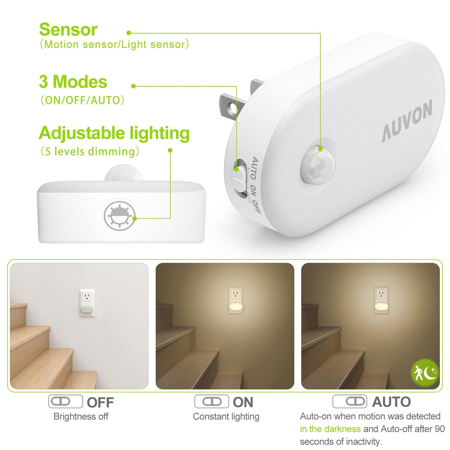 AUVON Night Light Plug in with Motion Sensor (120 Lumens), Dimmable Smart LED Night Lights, 1-120lm Brightness, for Bathroom, Hallway, Garage, Toilet (4 Pack)