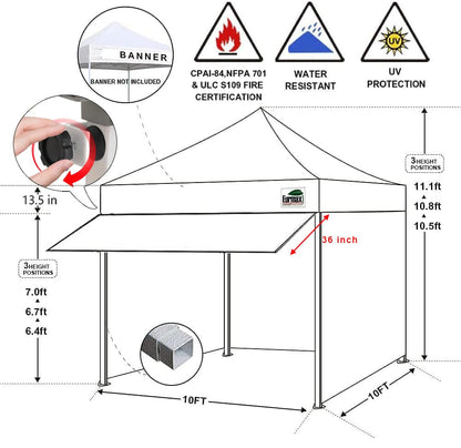 Eurmax USA 10x10 Pop Up Canopy,Commercial Tent with Patented No-Tip Rolling Bag,30sqft Extension Awning & 4 Zippered Removable Walls,UV & Water Resistant,Heavy Duty Instant Shelter Gazebo,Black