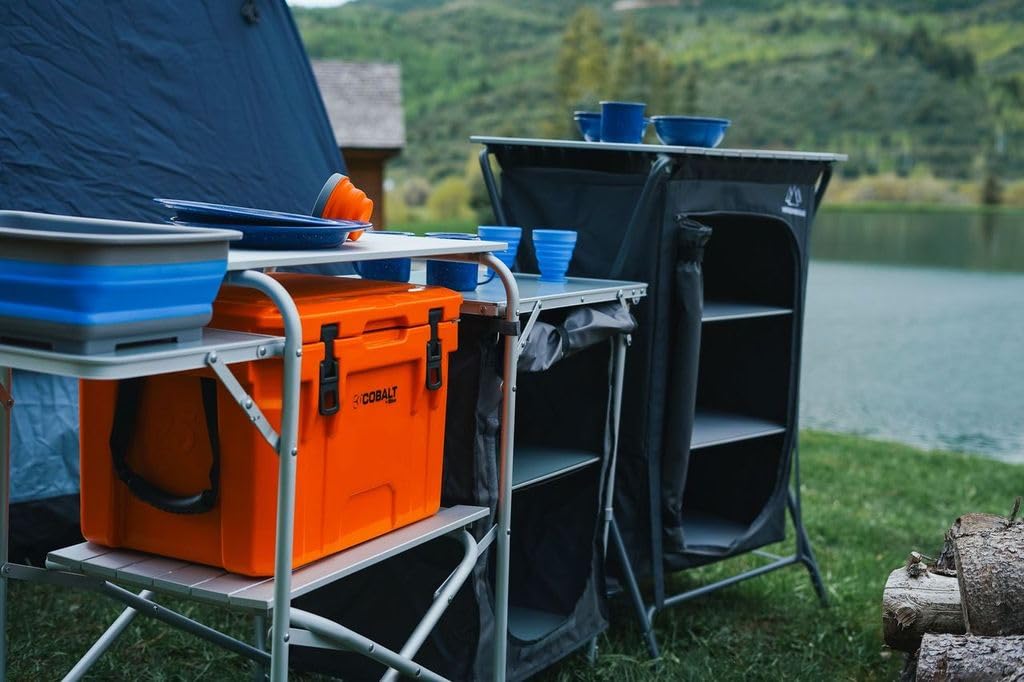 MOUNTAIN SUMMIT GEAR Deluxe Roll Top Kitchen Table for Camping Made with Weather-Resistant Aluminum (by Caddis Sports)