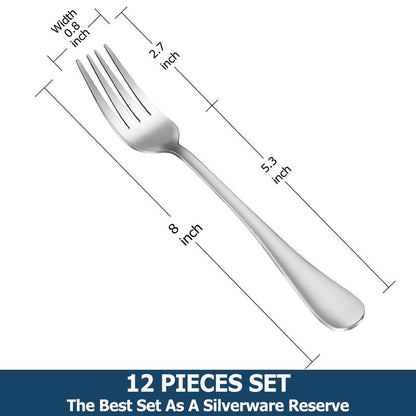 12 Piece Dinner Forks Set, Food-Grade Stainless Steel Silverware Forks, Cutlery Fork, Metal Fork for Home, Kitchen or Restaurant, Mirror Polished, Dishwasher Safe - 8 Inch