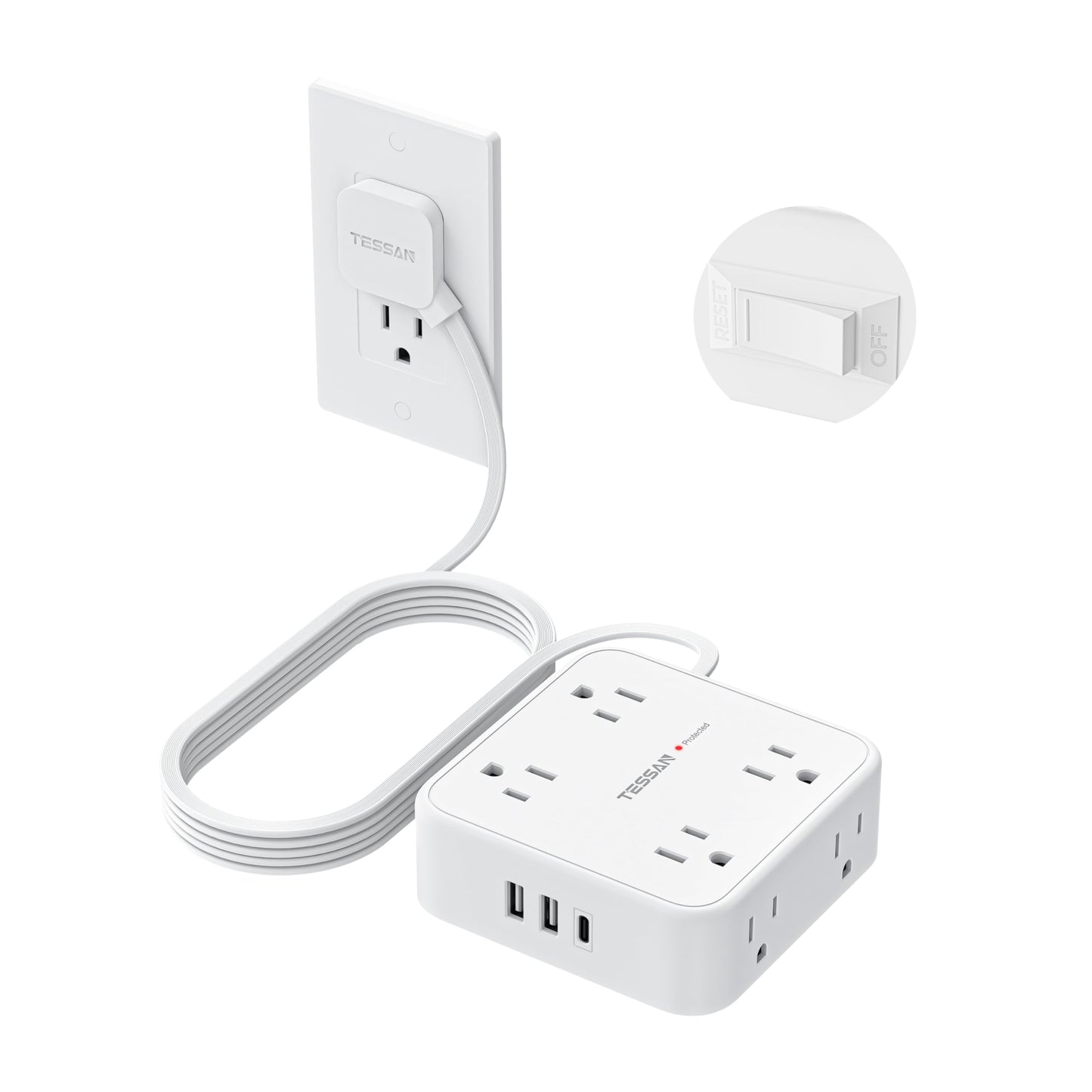 TESSAN Surge Protector Power Strip, 5 Ft Flat Plug Extension Cord with 3 USB (1 USB C) 8 Outlets, 900J Surge Protection, 3 Sided Outlet Extender with Power Switch for Office, Dorm Room Essentials