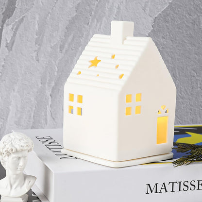 Tea Light House | Ceramic White Decorative Lantern - Removable Two-Part Design for LED Lights
