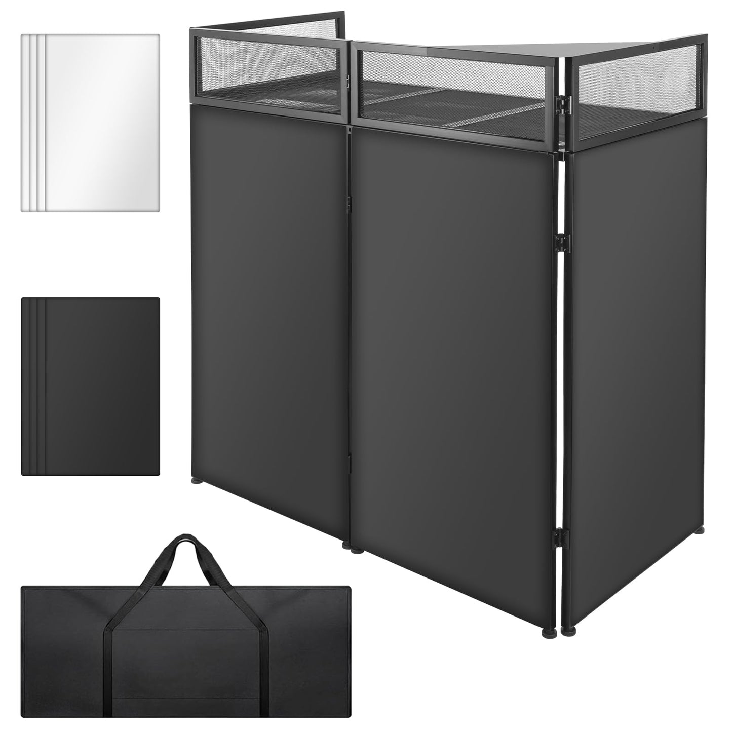 STRICH Portable DJ Facade Table Station, Foldable DJ Booth with Black & White Scrim, 44”X 20” Metal Frame Display Stand with Removable Triangle Shelf, Cable Hole and Carry Bag for Show, Party, Studio