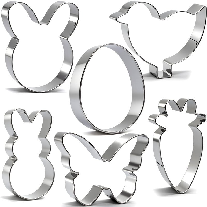 6Pcs Large Easter Cookie Cutters for Kids, 4'' Bunny Head, Egg, Chicken, Rabbit, Carrot, Butterfly Shapes, Metal Biscuit Molds for Easter Spring Holiday Themed Baking Supply