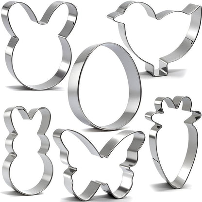 6Pcs Large Easter Cookie Cutters for Kids, 4'' Bunny Head, Egg, Chicken, Rabbit, Carrot, Butterfly Shapes, Metal Biscuit Molds for Easter Spring Holiday Themed Baking Supply