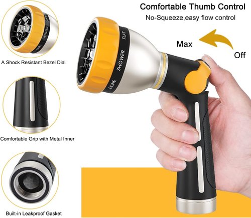 FANHAO Heavy Duty Metal Garden Hose Nozzle - 8 Adjustable Spray Patterns for Versatile Watering