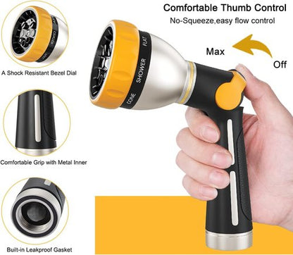 FANHAO Heavy Duty Metal Garden Hose Nozzle - 8 Adjustable Spray Patterns for Versatile Watering