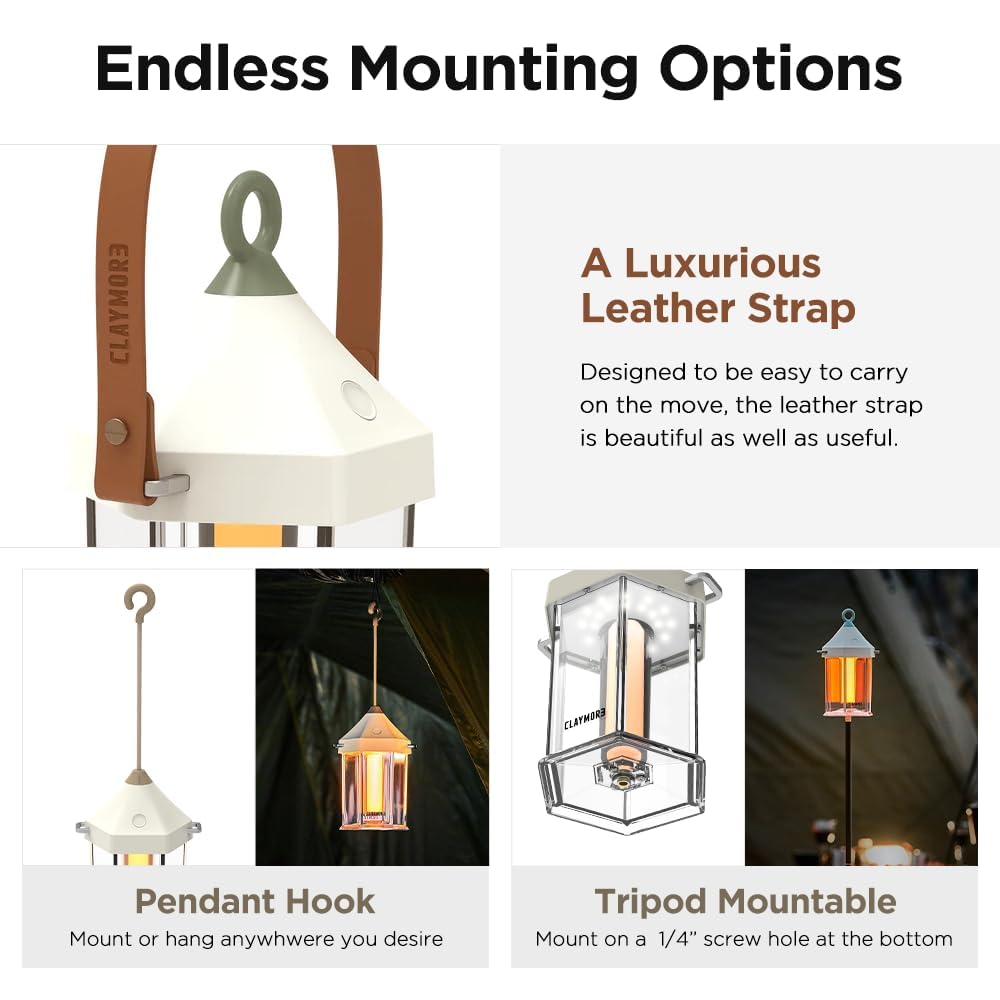 CLAYMORE Cabin Lamp (Ivory) - Aesthetic Portable Lantern for Outdoor Glamping, Camping, Events, Parties & Tents. USB-C Charging, Up to 55 Hours Battery Life, 3 Light Modes.