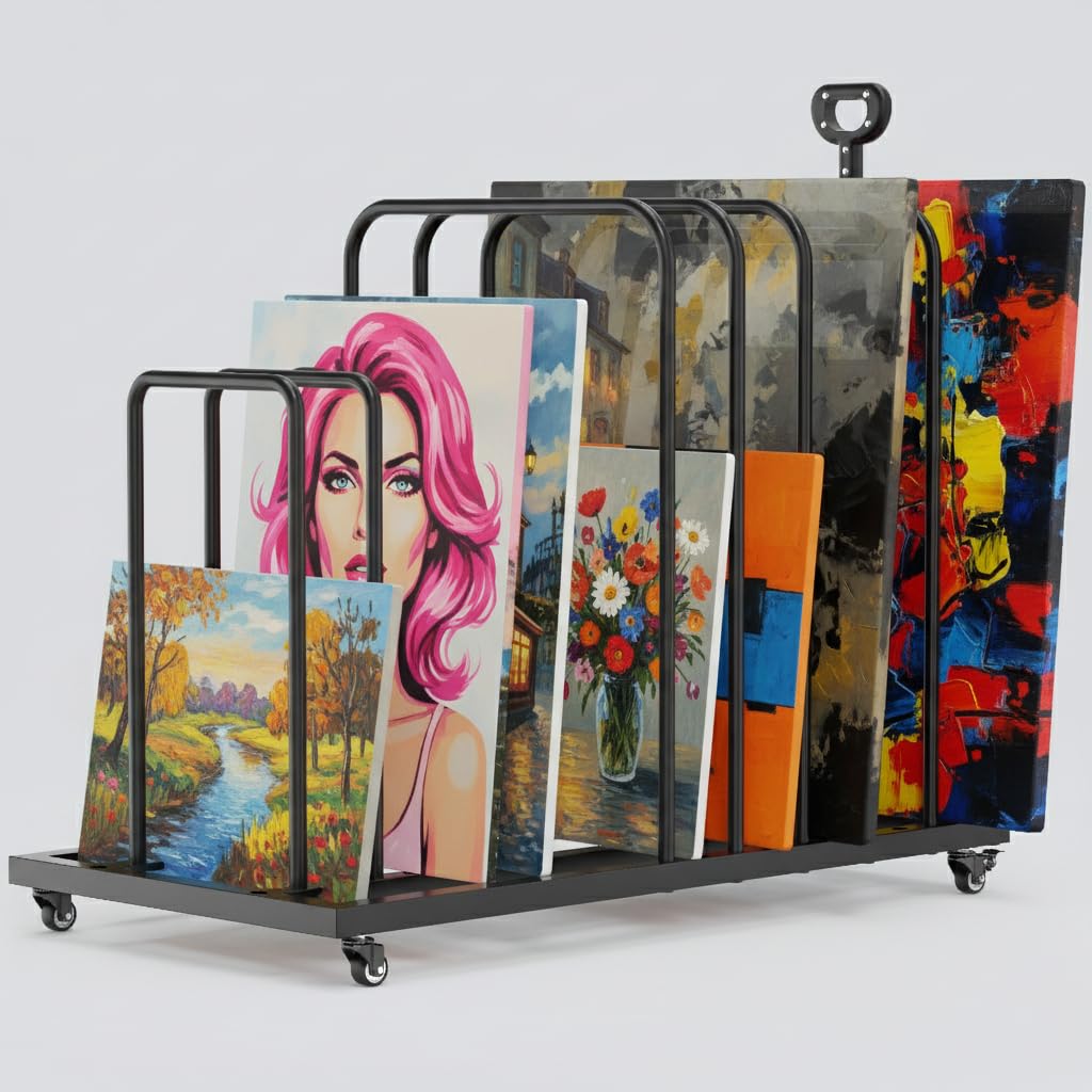 MOOFI Art Storage Rack Storage Organizer for Canvas, Art Drying Rack with Casters and Handle- Paint Drying Rack for Art, Canvas Boards, Frames, Panels, Posters Prints (Moving Handle)
