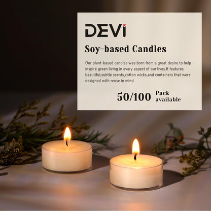 DEVI Soy Tea Lights Candles 50 Pack, Unscented White Tealight Candles Bulk-4 Hours Long Burning, Small Mini Tea Light Candles-Burn Clean, Soy Candles for Shabbat, Weddings,Home Decor