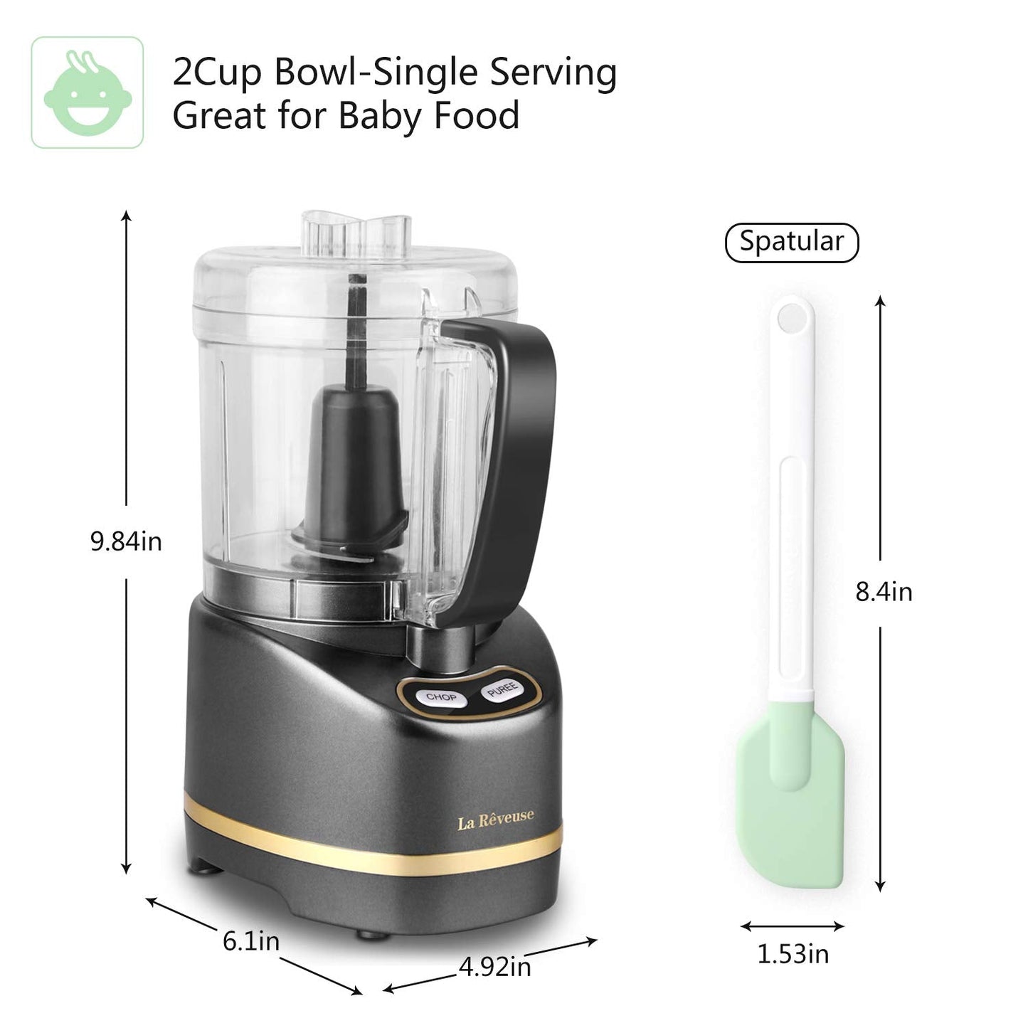 La Reveuse Electric Mini Food Processor Small Chopper 200 Watts 2-Cup Prep Bowl for Mincing Chopping Grinding Blending Pureeing (White)