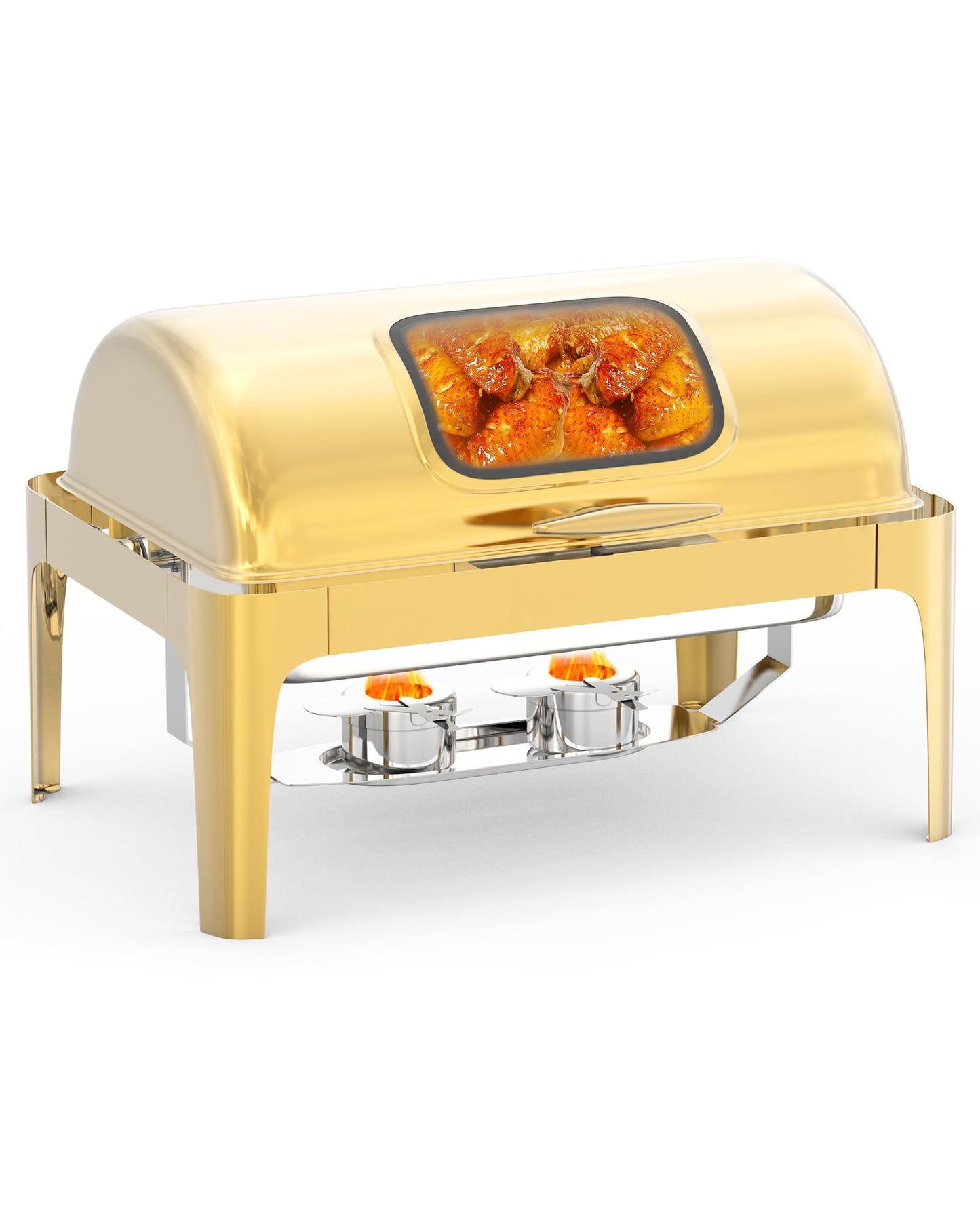 GarveeHome Roll Top Chafing Dish for Buffet, 9QT Retangle Stainless Steel Food Warmer Server with Visible Lid Water Pan Stand Fuel Holder Clip,for Parties, Birthday, Hotels and Weddings, Gold