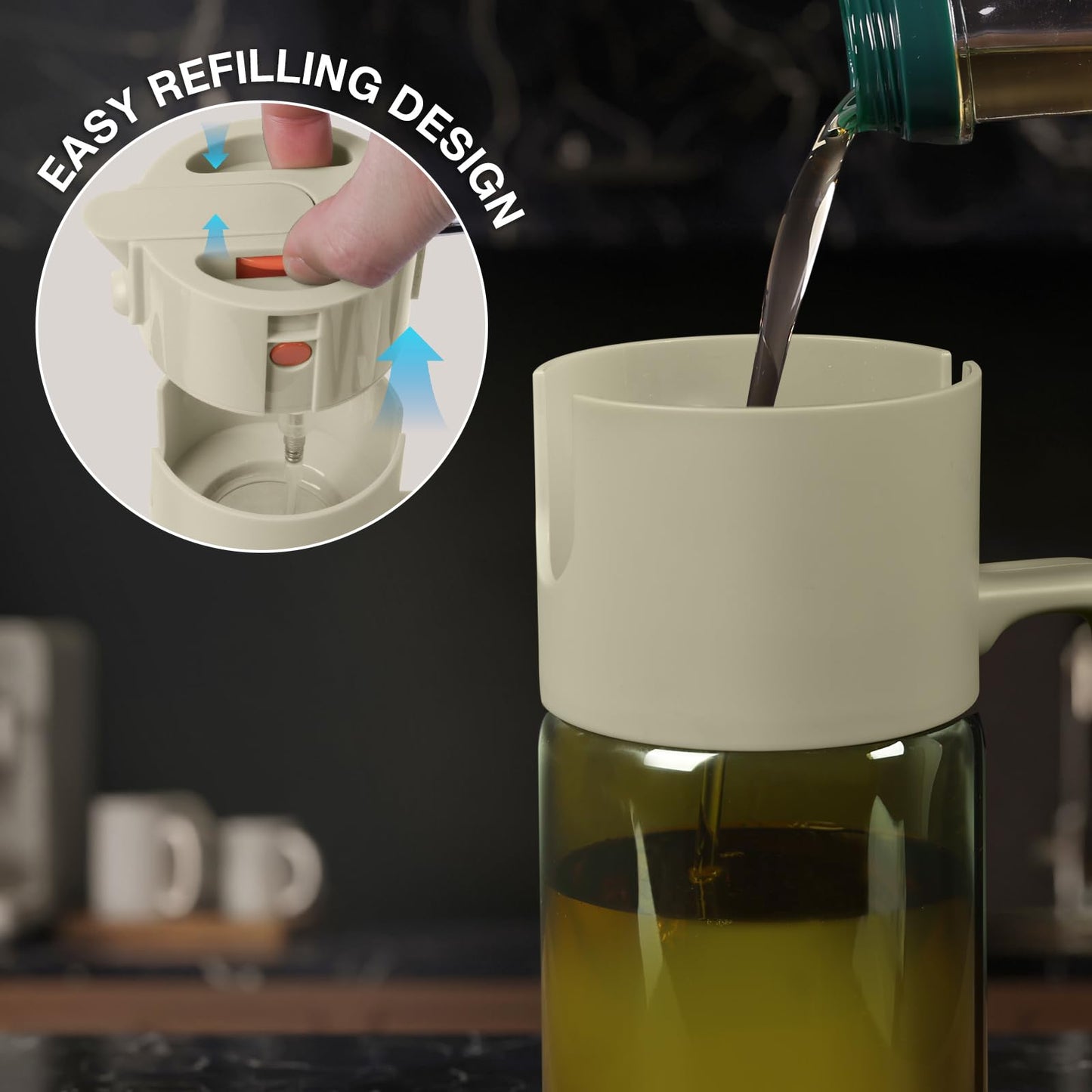 2-IN-1 500ml/17oz Light-Blocking Dark Oil Sprayer for Cooking with Sticker, Dark Green Glass Olive Oil Dispenser Bottle for Kitchen, Even Spray with Portion Control, Perfect for Air Fryer, BBQ - Black