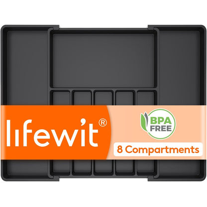 Lifewit Silverware Drawer Organizer, Expandable Utensil Tray for Kitchen, BPA Free Flatware and Cutlery Holder, Adjustable Plastic Storage for Spoons Forks Knives, 15- 27 x 18.5", Black