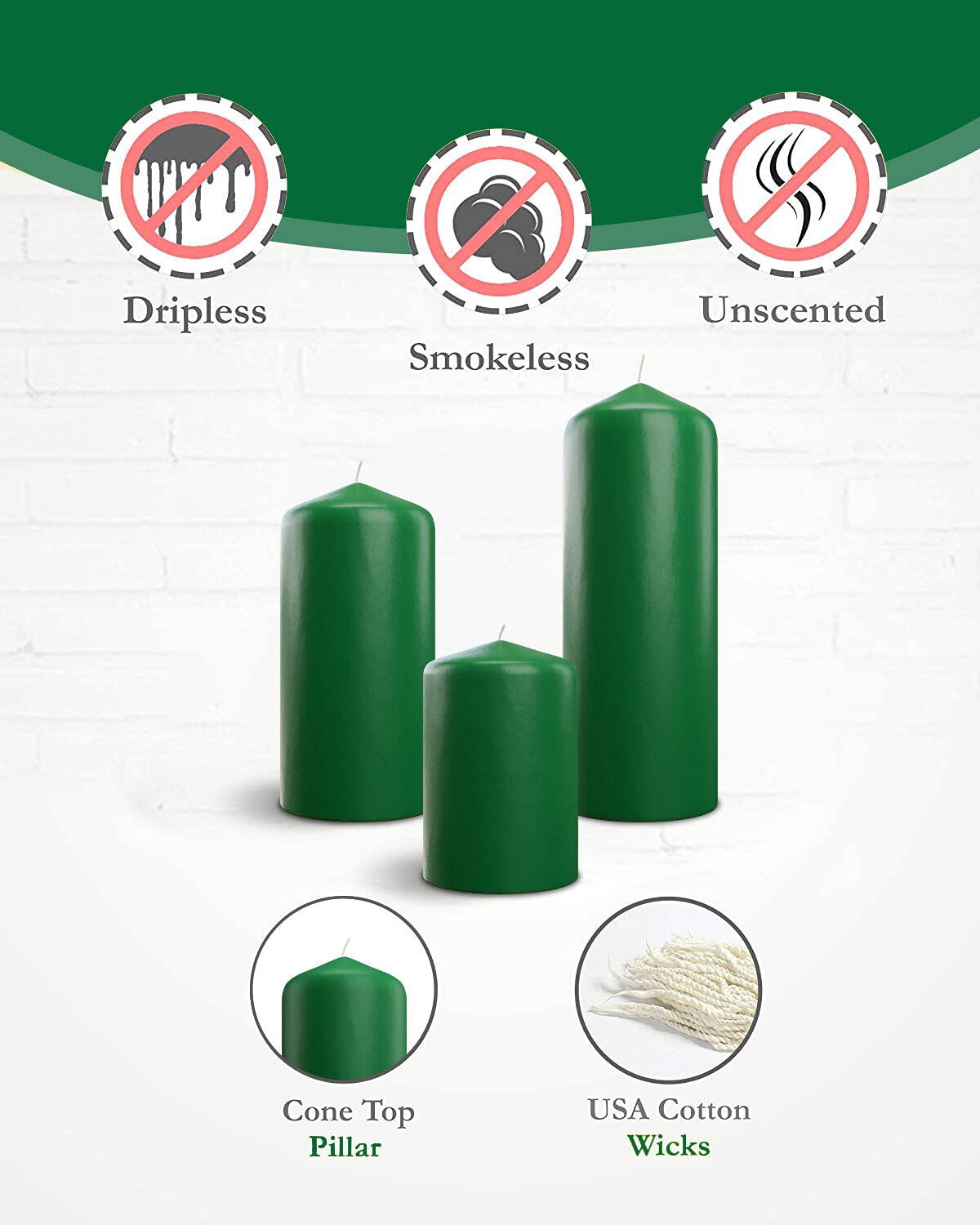 Bask Cone Top Pillar Candles - Elegant Green Candles - Set of 3 Green Pillar Candles - 3"x4", 3"x6", and 3" x8 - Smokeless and Dripless Decorative Candles for Home Decor and Relaxation