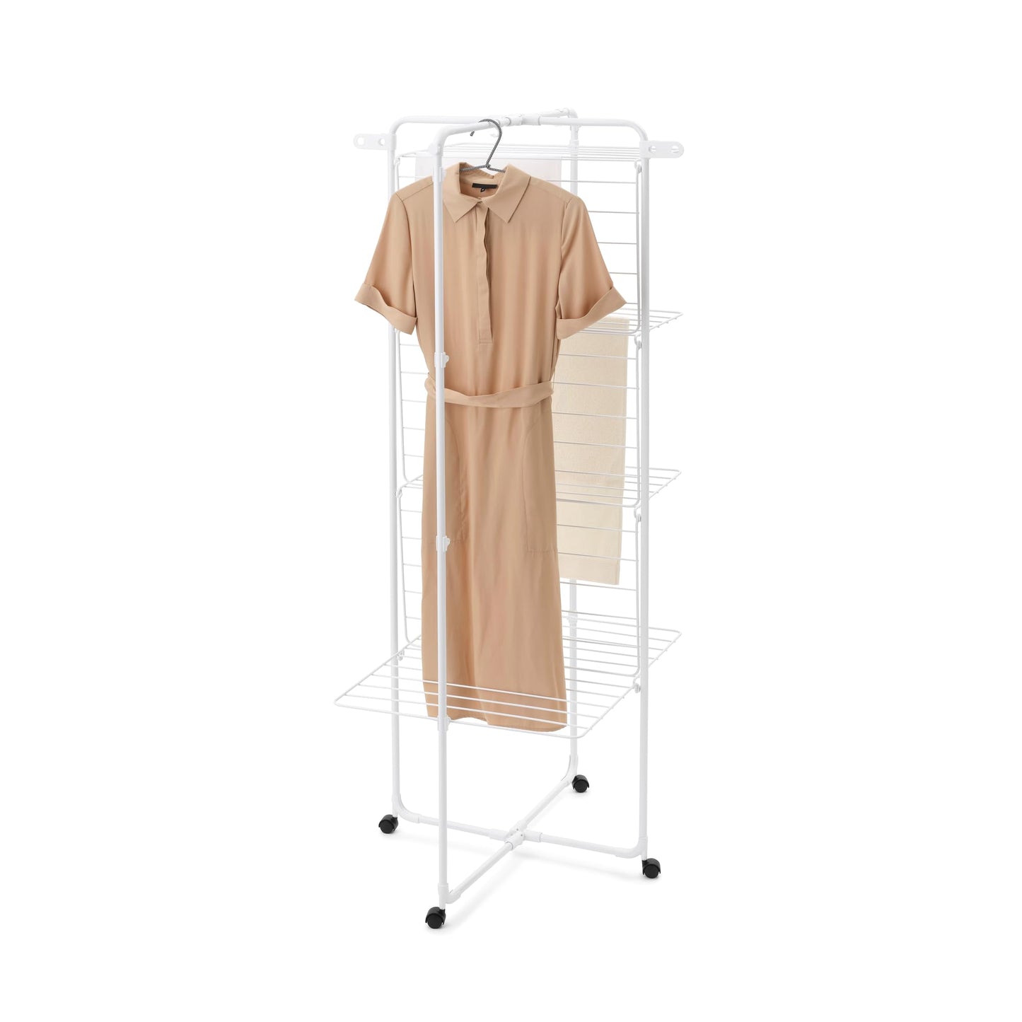 Brabantia HangOn Tower Clothes Drying Rack with Wheels | 98ft (30m) | White | Tall 3-Tier Indoor Clothes Airer with Adjustable Shelves for Towels, Folds Flat to Save Space | Fits 3 Full Loads