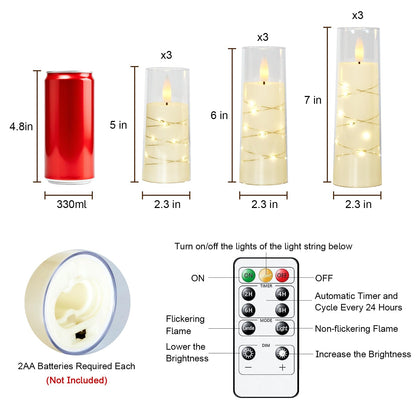Raycare Flameless Candle with Remote Timer – 9 Flickering Acrylic Battery Operated LED Pillar Candles with Embedded Star String for Christmas, Wedding, Home Decor, and as a Gift (Ivory White)