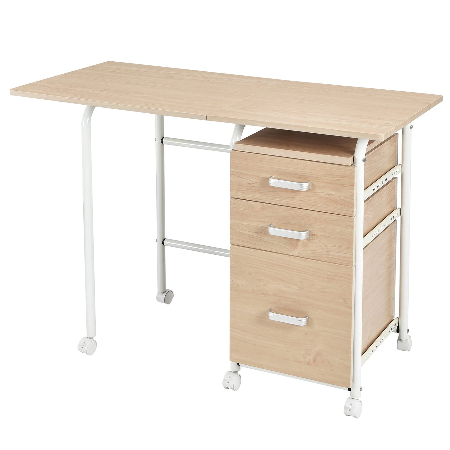 Tangkula Folding Computer Desk with 3 Drawers, Mobile Home Office Desk, Portable Laptop Desk Writing Table, Space Saving Compact Desk for Small Spaces, Dorm, Apartment