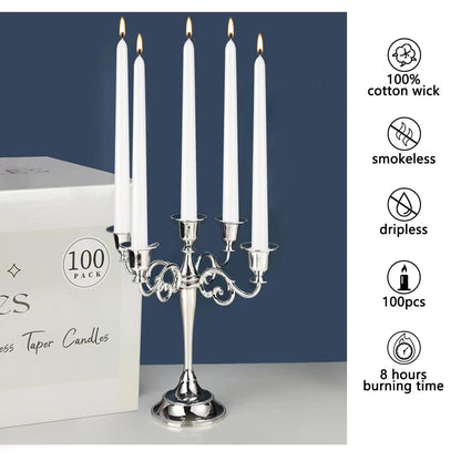 YOROXRG 100Pack White Taper Candles, 7-8 Hours Burn Time, Unscented, Smokeless and Dripless, 0.75 x 10 Inch Dinner Candle Set for Household, Wedding, Party and Home Décor Candlesticks