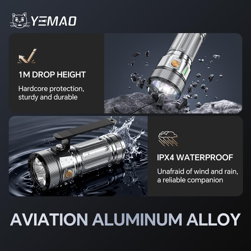 Yemao Rechargeable Flashlights 13800 High Lumens, Brightest Flashlight, Super Bright LED Flashlight Type C Charged, 5 Modes Long Lasting 63 Hours, for Emergencies, Camping, Outdoor, Caving