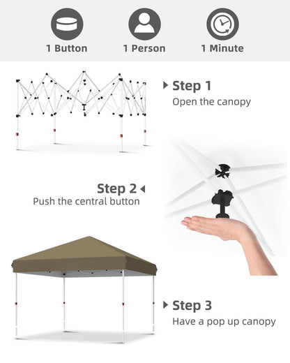 10x10 Pop Up Canopy with One Button Push Setup - Heavy Duty Outdoor Canopy Tent with Portable Roller Bag - 3 Adjustable Height, 4 Weight Bags, 8 Stakes & 4 Guy Ropes Included, Khaki