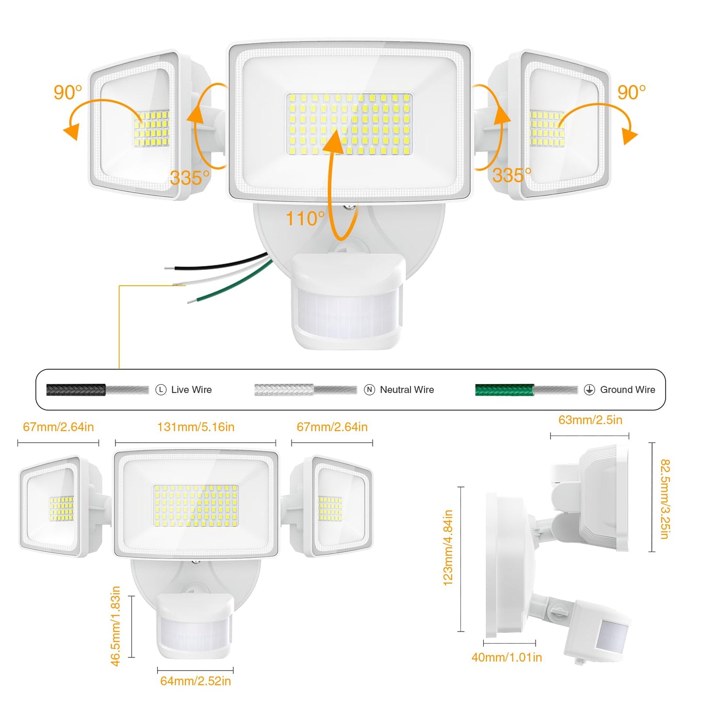 Onforu 3 Pack 75W Motion Sensor Outdoor Lights, 7000lm Dusk to Dawn Flood Light, LED Security Light with 3 Head, IP65 Waterproof Exterior Floodlight, 6500k Wall Light for Entryway Stairs Yard Garage
