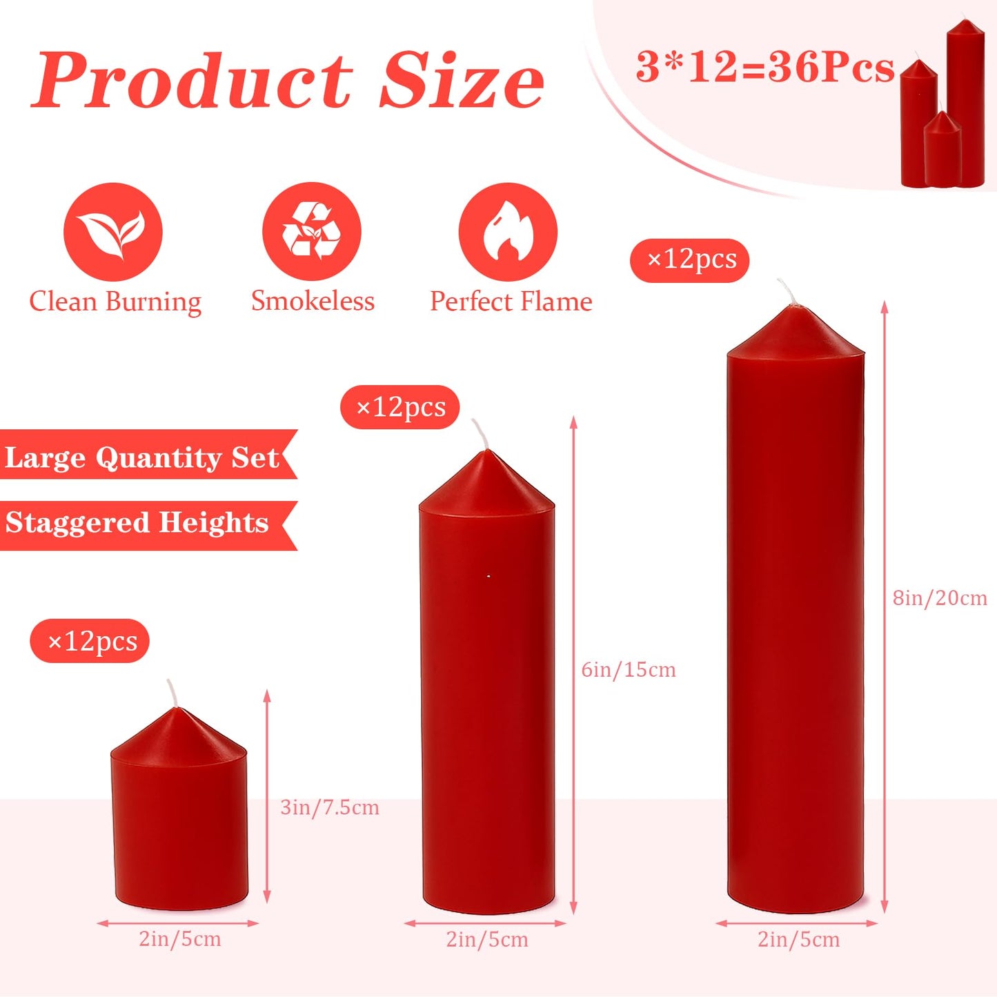 Veiuwa 36 Pcs Red Pillar Candles Bulk Set，Hurricane Candles，3 Different Lengths (12 Each)，Dripless Unscented Smokeless，Gives You a Better Atmosphere When Organizing Wedding or Event Party.