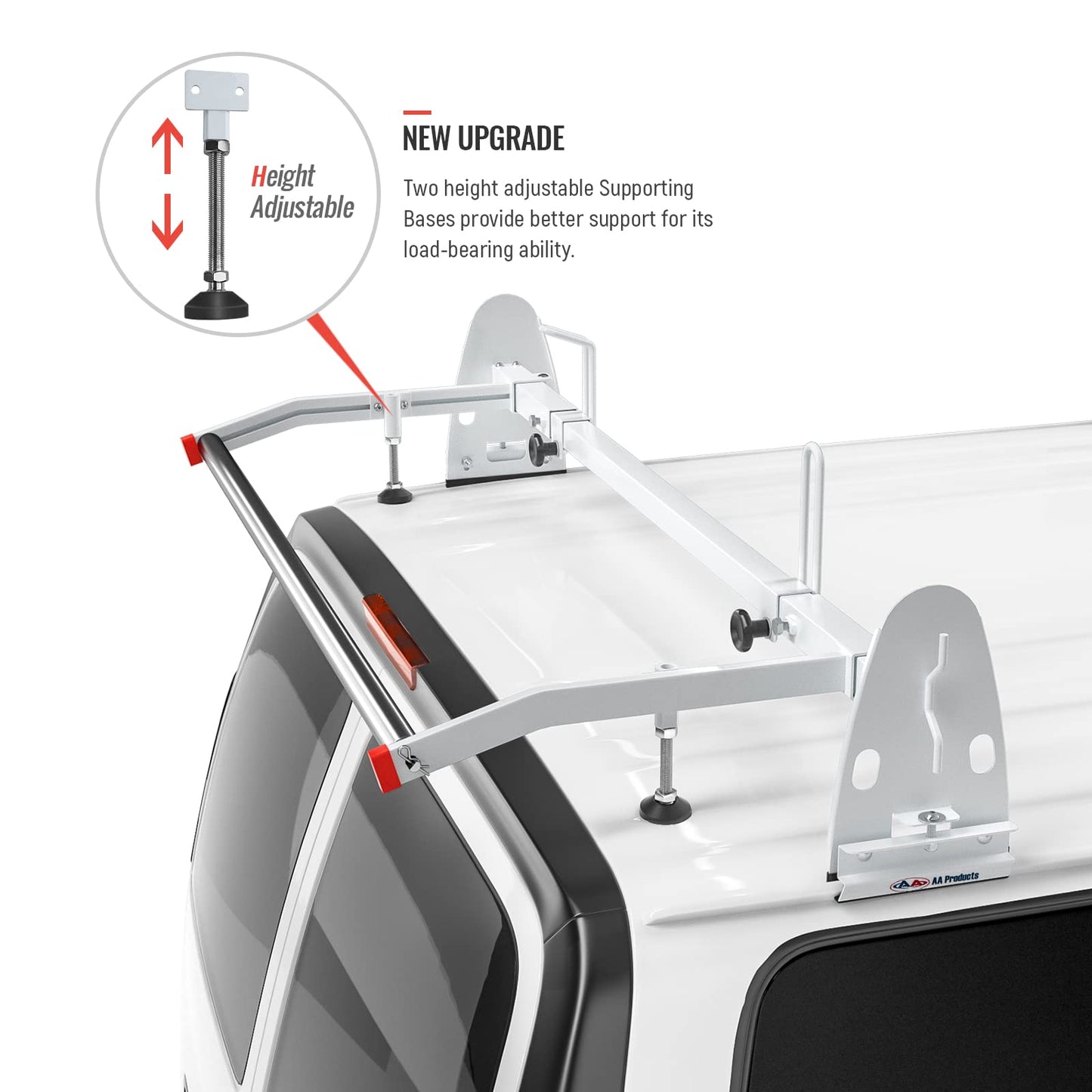 AA-Racks Model RX27 Fullsize Steel Two-Bar Van Ladder Roof Racks with Rear Cargo Roller - White
