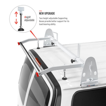 AA-Racks Model RX27 Fullsize Steel Two-Bar Van Ladder Roof Racks with Rear Cargo Roller - White
