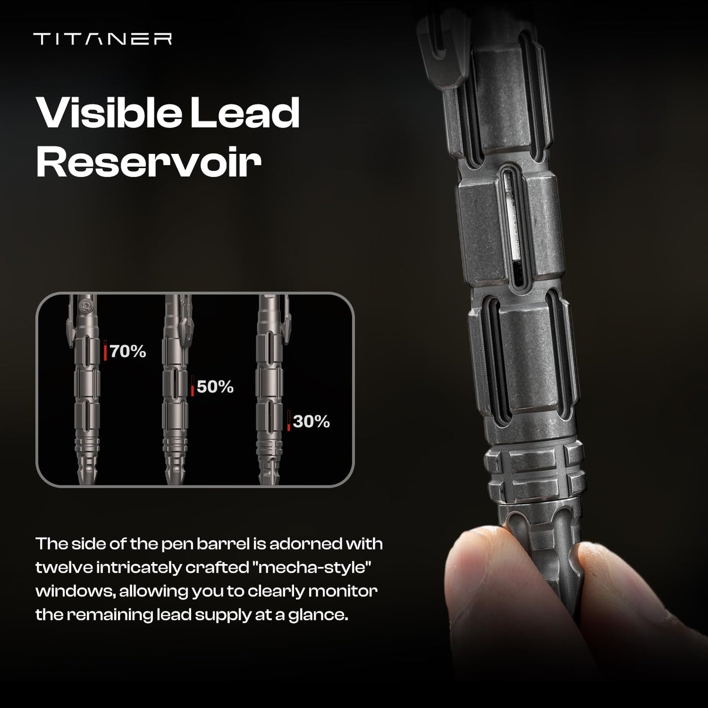 TITANER Mecha Pen 2.0 GR5 Titanium Tactical EDC Pen - Bolt-Action Design with Visual Ink Window, M390 Steel Tip, Hidden Tool & Tritium Slot for Daily Outdoor