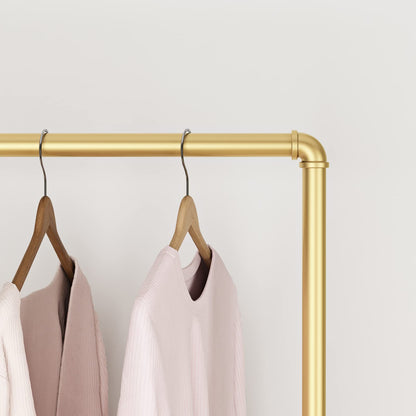 FONECHIN Industrial Gold Clothing Racks on Wheels, Boutique Display Gold Clothes Rack with Shelf, Rolling Garment Rack for Retail Use