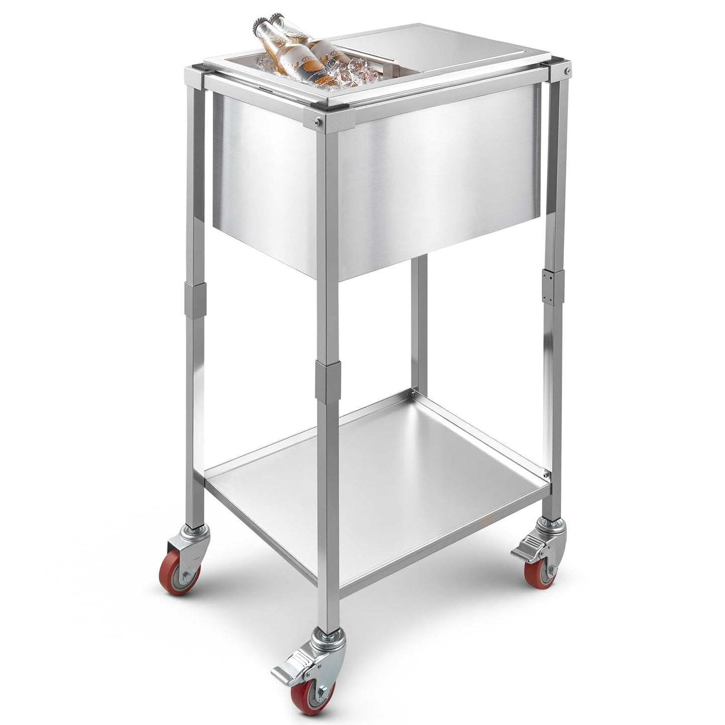VEVOR Rolling Ice Chest Cooler Cart, 20" L x 14" W x 38" H Stainless Steel Cooling Bin on Wheels, 29.6 Quart Outdoor Stand Up Cooler Trolley with Shelf, for Patio Backyard Party Bar Cold Drinks