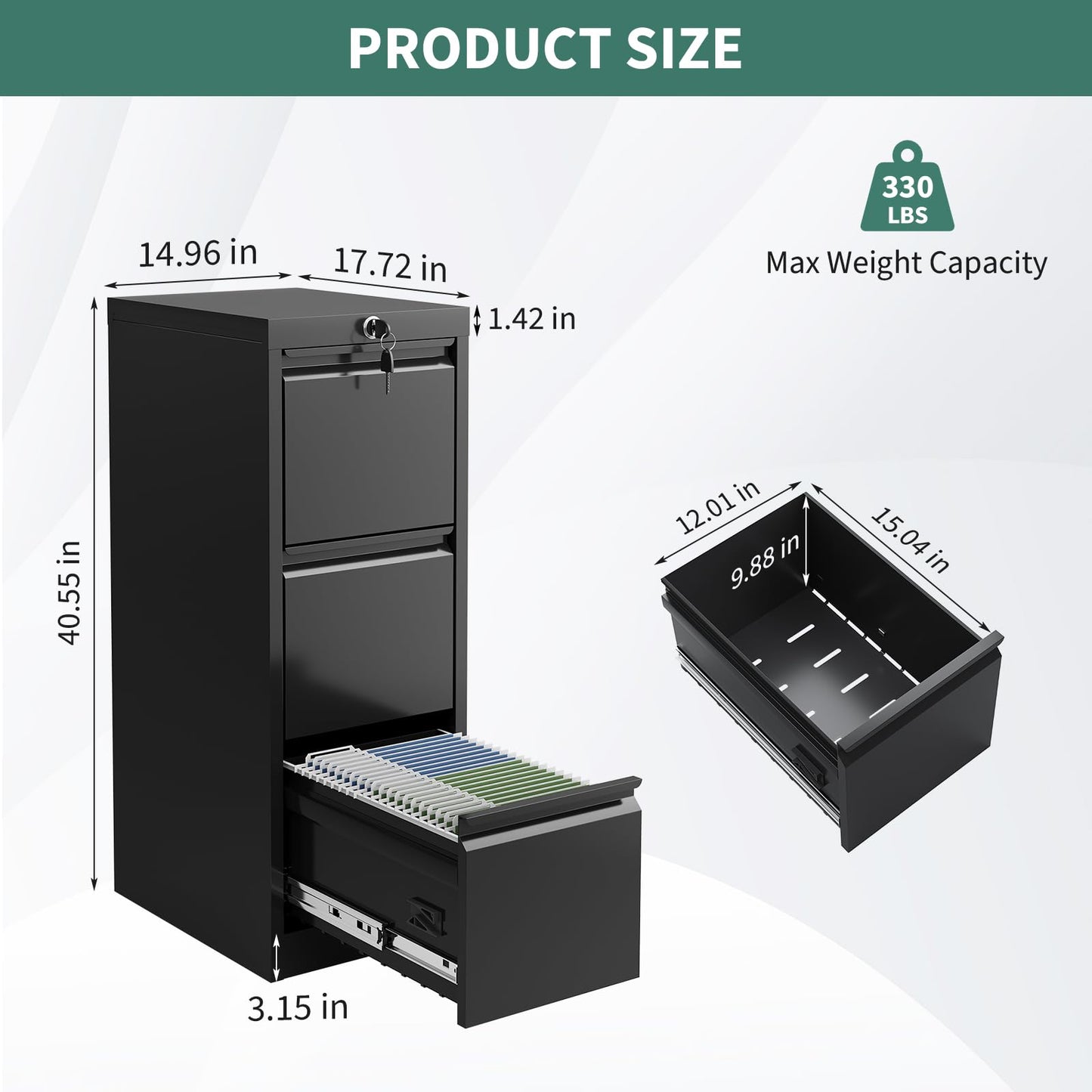 3-Drawer Locking Metal File Cabinet, Heavy-Duty Vertical Filing Cabinet with Anti-Tilt Security & Silent Slides, Fits Letter/Legal/A4/F4 Documents, Easy Assembly, Storage Organizer for Home Office