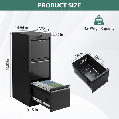 3-Drawer Locking Metal File Cabinet, Heavy-Duty Vertical Filing Cabinet with Anti-Tilt Security & Silent Slides, Fits Letter/Legal/A4/F4 Documents, Easy Assembly, Storage Organizer for Home Office