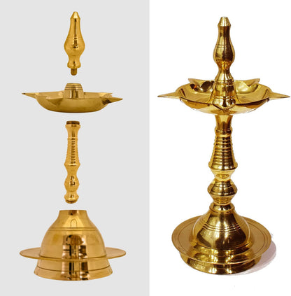 Craftsman 13 Inch Brass Kutthu Vilakku Oil Lamp, Engraved Design, Gold, Kerala Aarti Diya, Traditional Pooja Item
